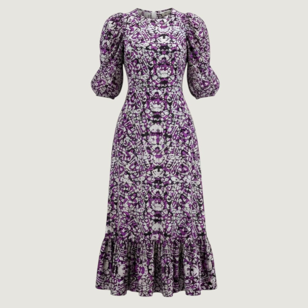 Sea New York Purple Batik Print Silk Blend Puff Sleeve Ruffle Midi Dress 0 Artsy